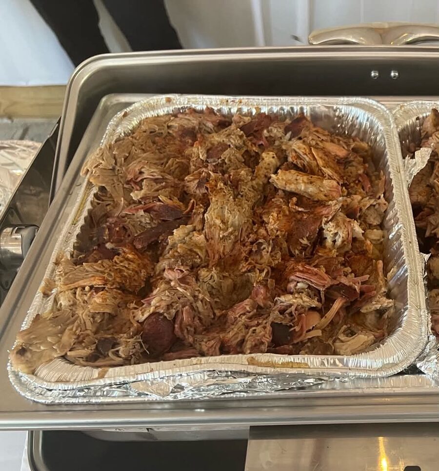 A full pan of hand-pulled pork